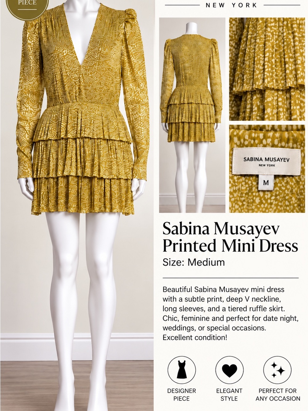 Sabina Musayev Tiered Printed Mini Dress in Mustard Yellow